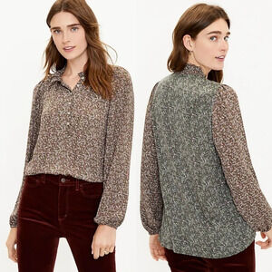 Loft‎ Floral Ruffle Neck Mixed Media Top Size S